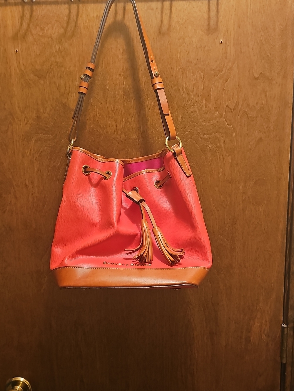 Dooney & Bourke Coral-Orange Leather Drawstring Drawstring Bag